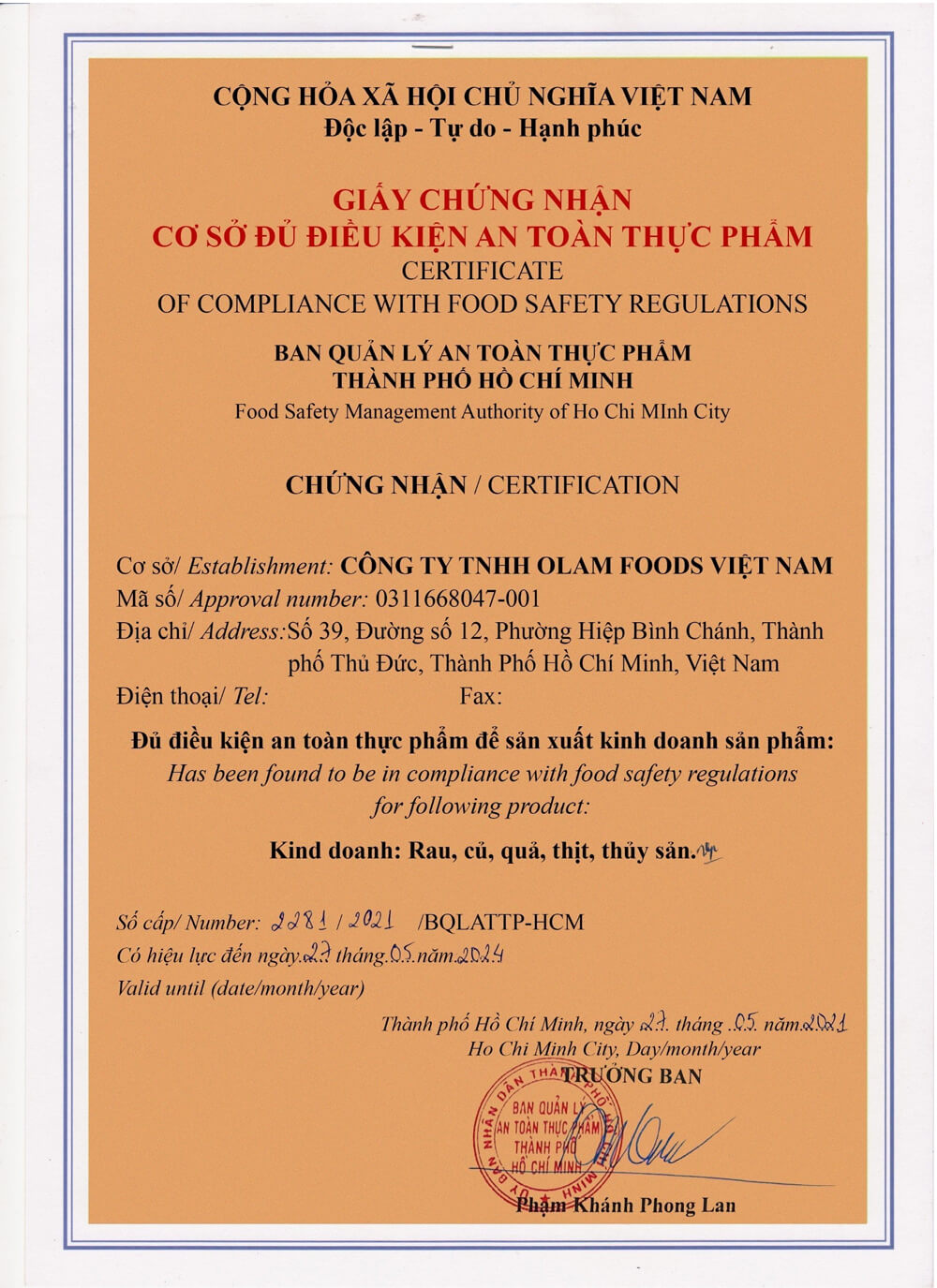 Giấy chứng nhận Olamfoods
